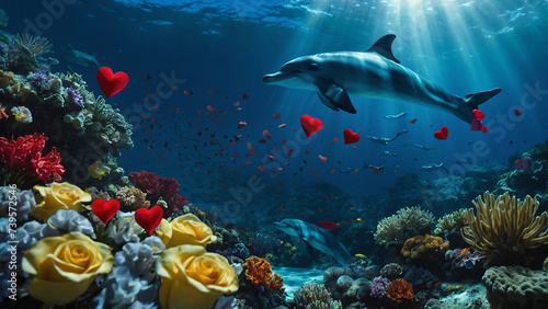 Beauty of the Sea  A Stunning Image of a Dolphin Swimming in the Ocean with Red Hearts and Flowers.