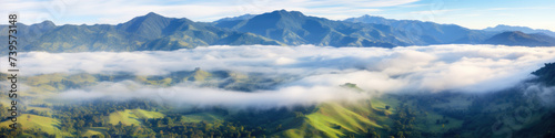 Mountains panorama with coluds and fog. banner