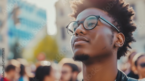Young man in a crowd looking up, hopeful expression photo