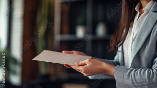 Woman holding an envelope in an office setting