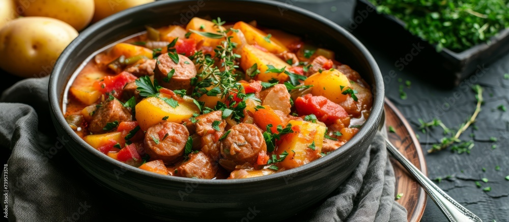 Delicious homemade stew made with hearty potatoes and fresh carrots in a rustic bowl Delicious homemade stew made with hearty potatoes and fresh carrots in a rustic bowl