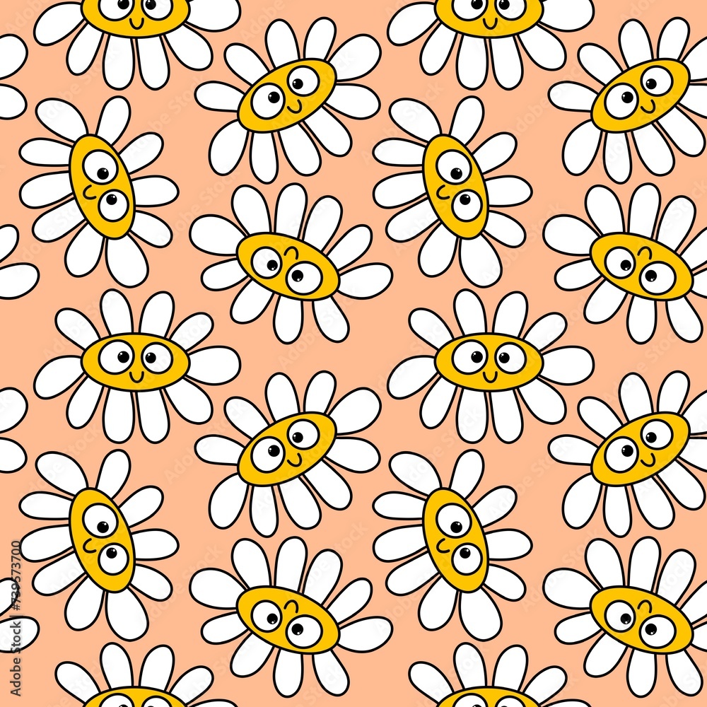 Fototapeta premium Cartoon summer retro seamless flower pattern for wrapping paper and fabrics and spring packaging and kids print