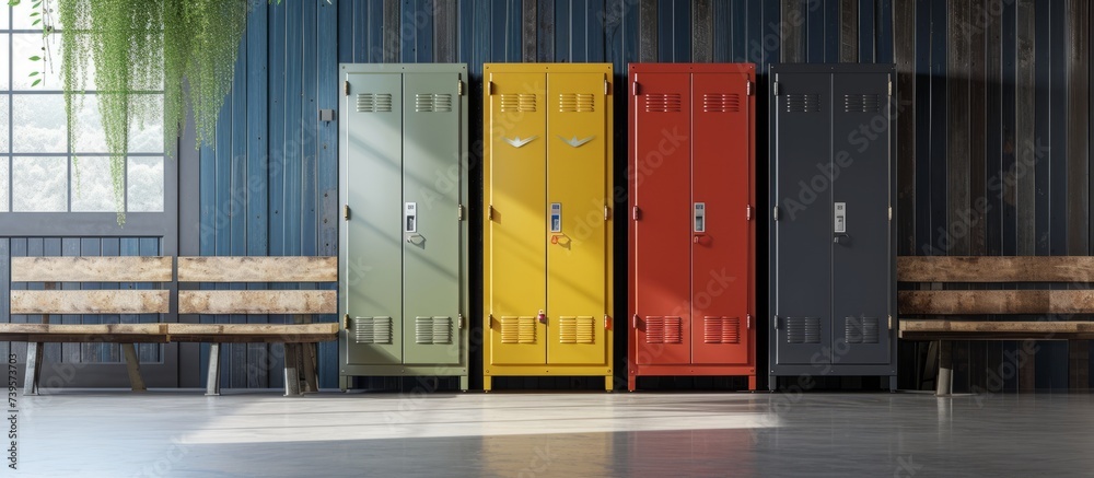 Interior of a school locker room with a row of lockers and a wooden bench