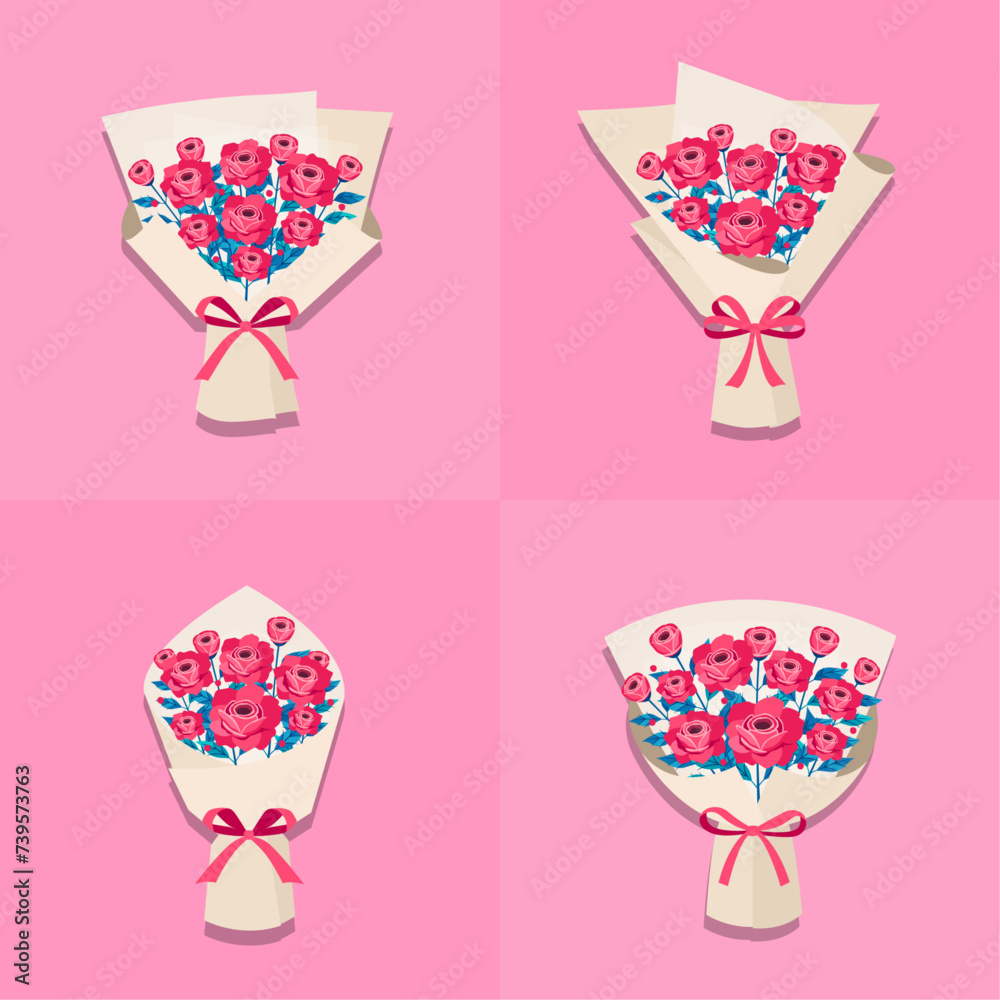 Vector pink rose flower bouquet isolated set Vector pink rose flower bouquet isolated set