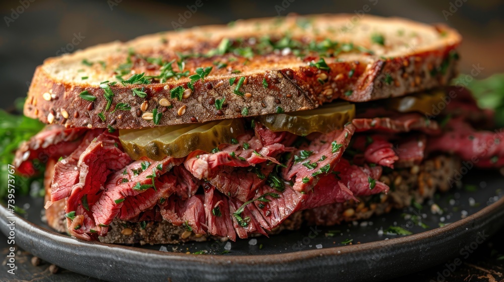 Roast Beef Sandwich With Pickles and Parsley on Plate