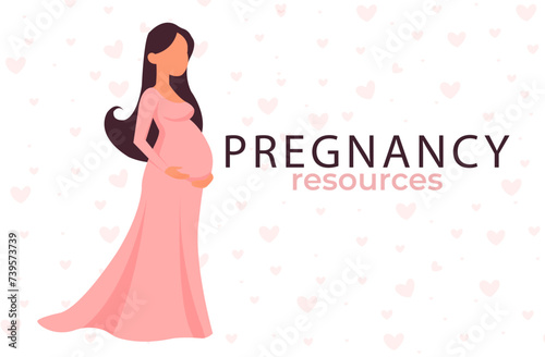 Happy pregnant woman in dress holding her belly. An active, well-prepared pregnant woman. Happy pregnancy. Flat style vector illustration.