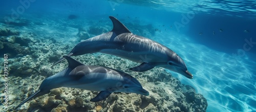 Graceful two dolphins swimming underwater in the deep blue ocean environment
