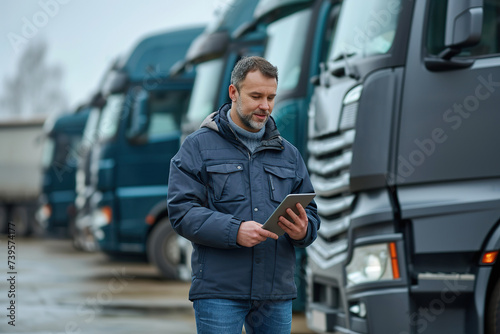 Logistics Professional with Tablet at Truck Fleet