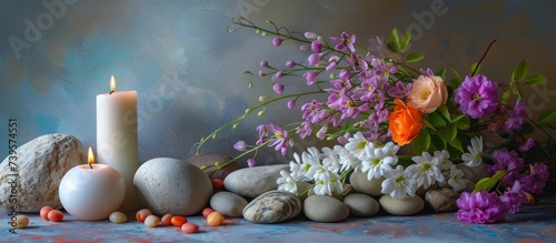Rustic still life with a beautiful vase of flowers, Easter eggs, aromatic candles and zen rocks