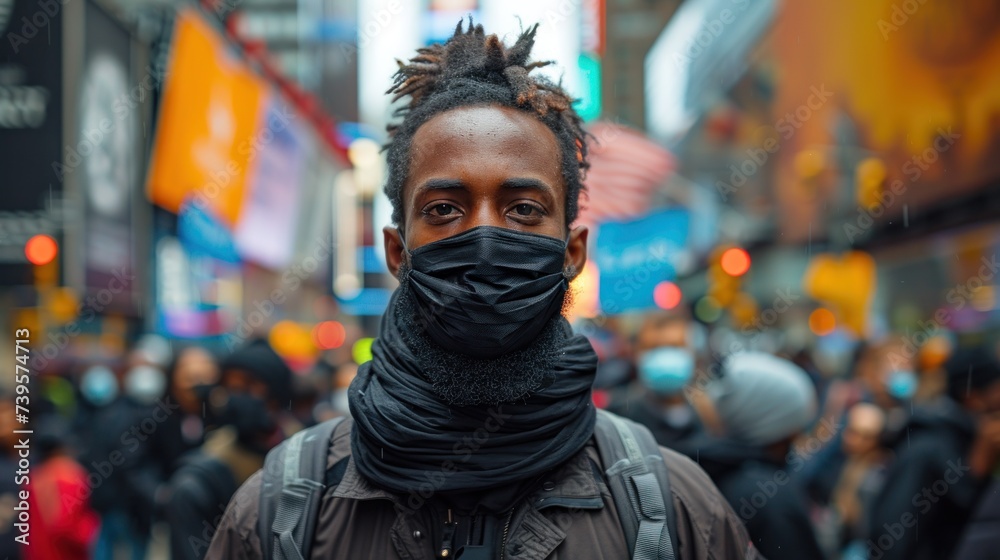 Man in Black Face Mask in Crowded Urban Setting