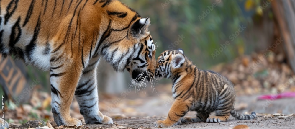 Fototapeta premium Adorable tiger cub playing and frolicking with another tiger cub in the wild
