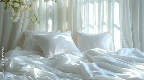 Bed With White Sheets and Pillows by Window