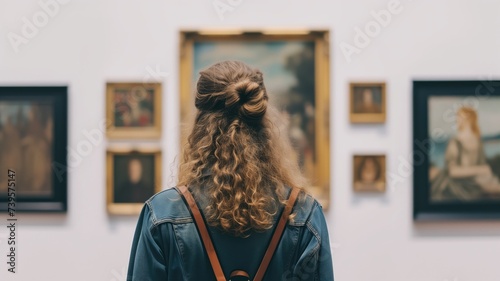 Visitor observing paintings at an art gallery