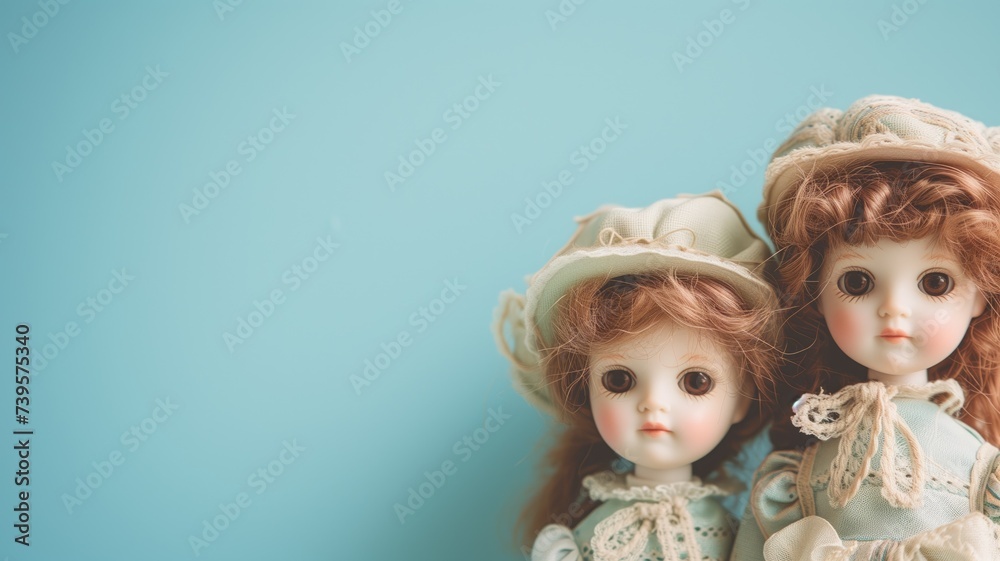 Two vintage dolls with bonnets and intricate dresses
