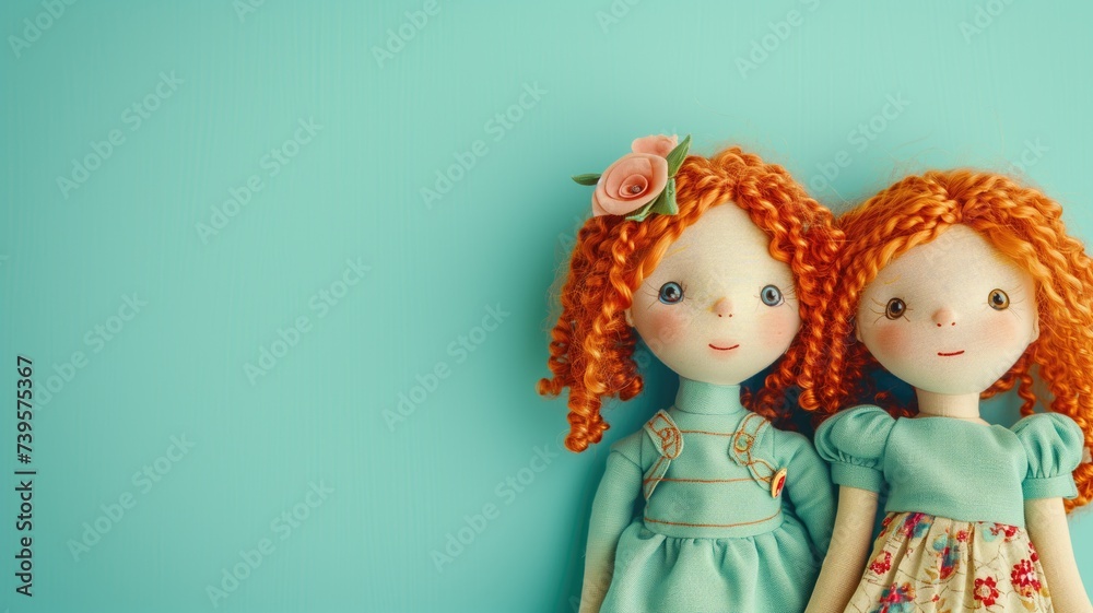 Two textile dolls with red hair against a teal background Two textile dolls with red hair against a teal background