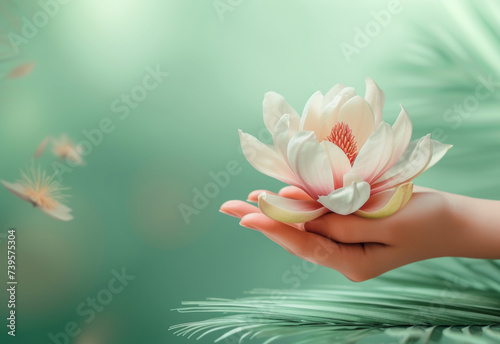 Magnolia flower lying in female palm photo