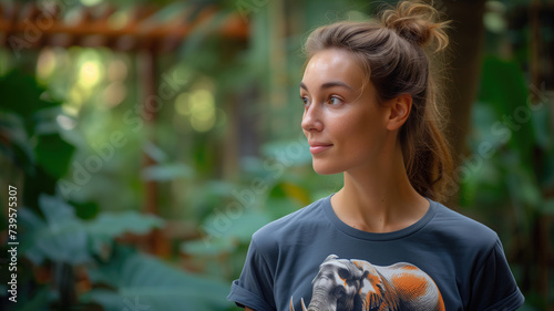 Smiling woman in a garden with an elephant shirt
