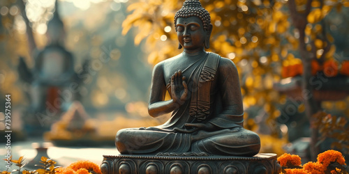 The image showcases a serene Buddha statue in a meditation pose, set against a blurred background of autumnal leaves and soft sunlight, evoking a sense of peace and spirituality. 