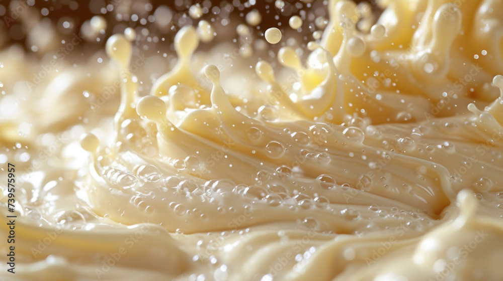 Closeup of the cream becoming thicker and lighter in color with tiny bubbles forming and bursting on the surface. Closeup of the cream becoming thicker and lighter in color with tiny bubbles forming and bursting on the surface.