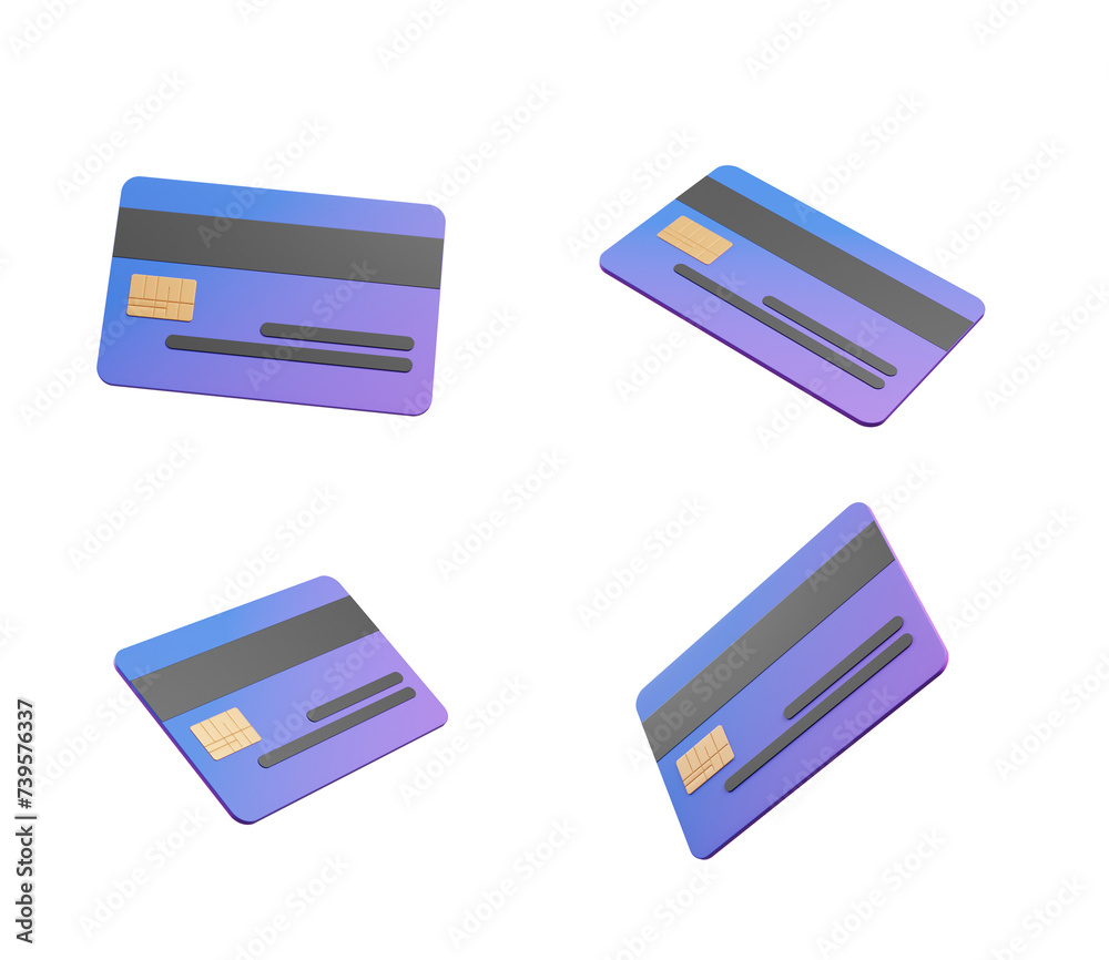 Four credit card icons shown from different angles, each set against a unique striped abstract backdrop. 3d rendering Four credit card icons shown from different angles, each set against a unique striped abstract backdrop. 3d rendering
