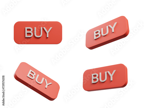 Four identical red "BUY" buttons with a pinkish hue in different orientations on a transparent background. 3d rendering