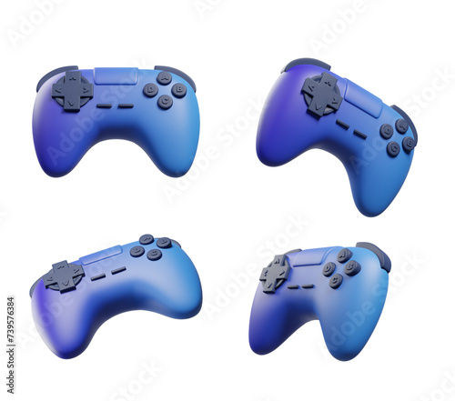 Four cartoon-style images of a blue game controller with a striped background. 3d rendering