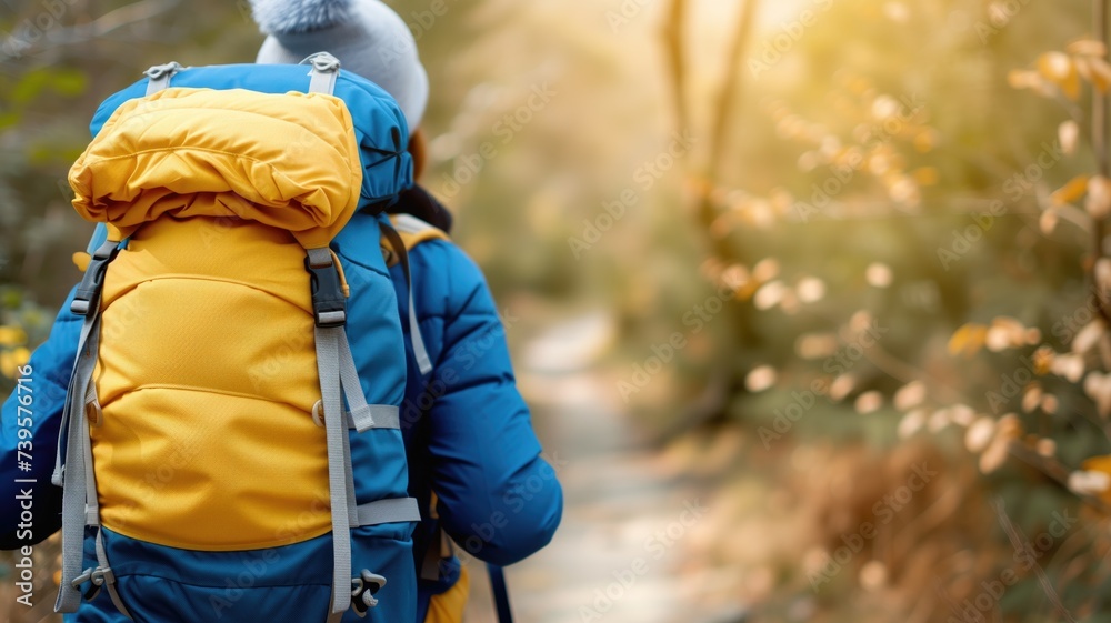 Hiker with a yellow backpack on a forest trail Hiker with a yellow backpack on a forest trail