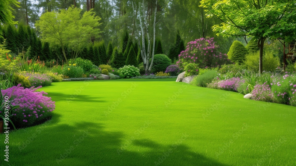 Obraz premium Manicured garden with vibrant flowers and lush lawn