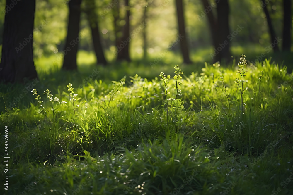 Spring meadow with white flowers and green grass. Spring landscape. Generative AI