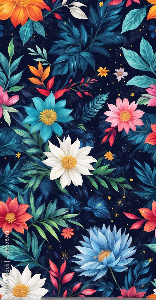 Seamless pattern of flowers and leaves on black background Seamless pattern of flowers and leaves on black background