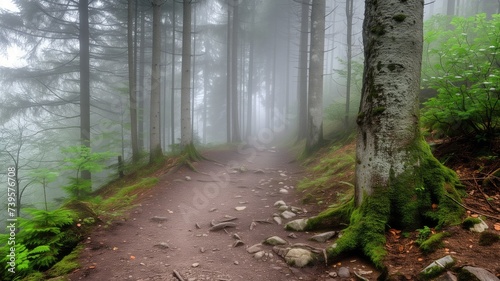 Misty forest trail with lush green foliage