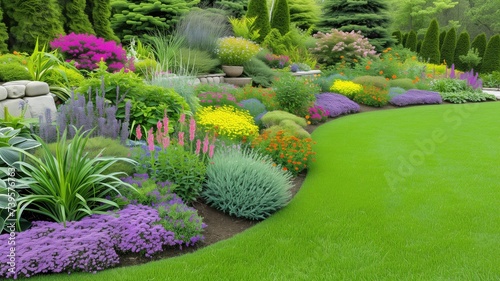 Lush garden with vibrant flowers and manicured lawn