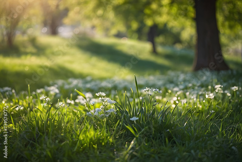 Spring meadow with white flowers and green grass. Spring landscape. Generative AI