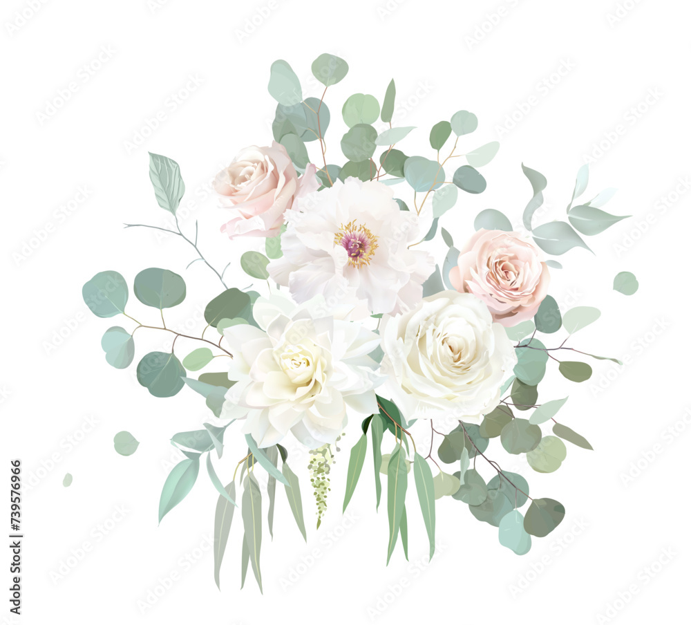 Pale pink and dusty beige rose, white dahlia, peony, mint eucalyptus, greenery vector design floral bouquet