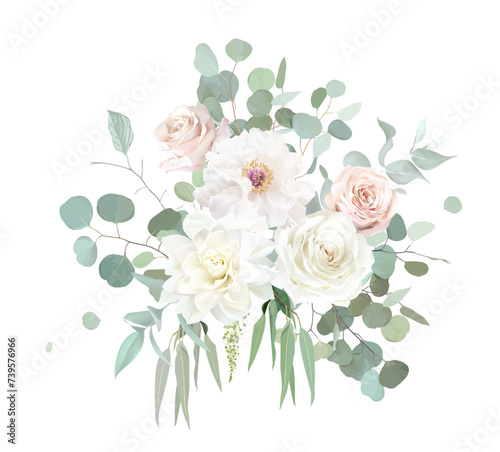 Pale pink and dusty beige rose, white dahlia, peony, mint eucalyptus, greenery vector design floral bouquet