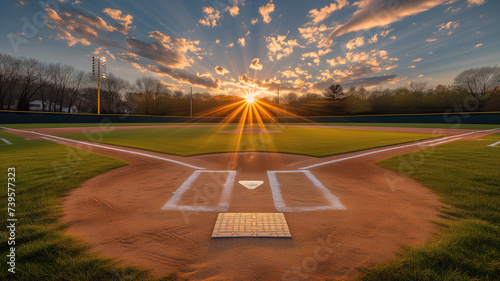 Baseball diamond at sunrise with dramatic sky photo