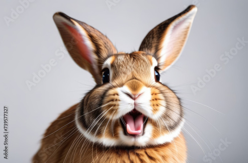 Close up of a cute rabbit with funny expression on gray background.