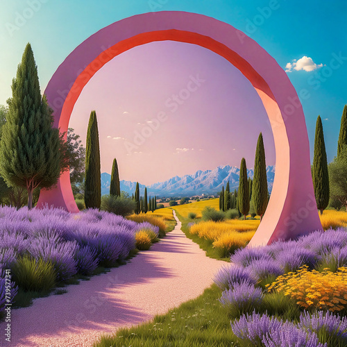 Fairytale garden with stone arches and lavenders. Fantasy landscape, cypress trees, stone arch, portal, entrance, unreal world. Generative ai