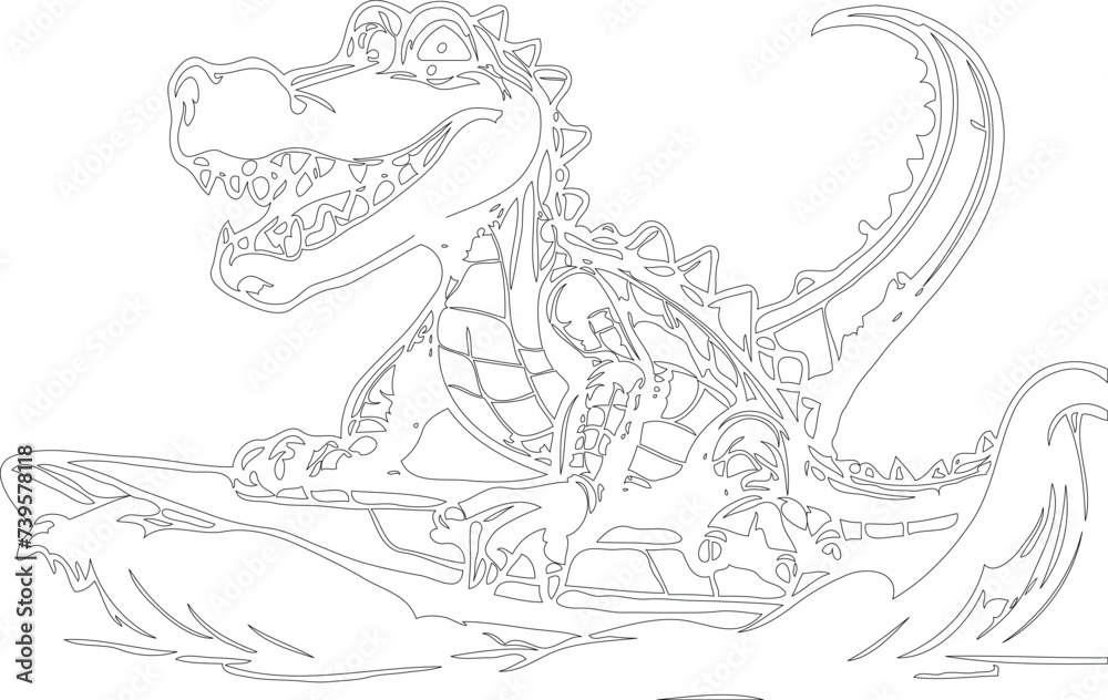 Outlined alligator or crocodile cartoon mascot character surfing vector hand drawn illustration. animal mascot, crocodile cartoon mascot, alligator cartoon mascot.