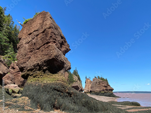 Hopewell Rocks Provincial Park in New Brunswick, Canada. Also called Flowerpots Rocks or simply the Rocks, are rock formations or sea stacks caused by tidal erosion.