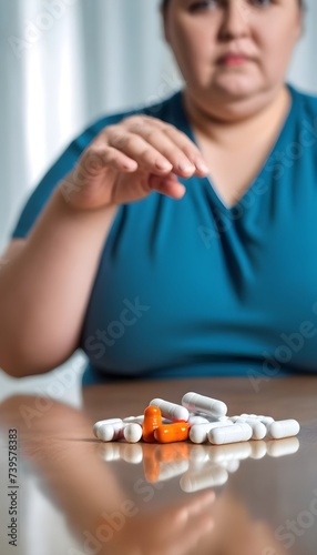 Semaglutide Weight Loss Drugs. Weight Loss Medication and Obesity Concept. Table with anti-obesity pills with the blurred figure of an overweight person in the background.