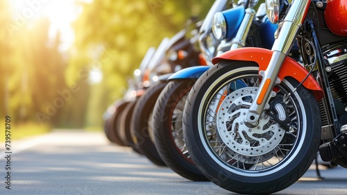Row of motorcycles parked on side of sunny road photo