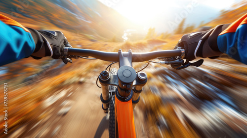 POV of a mountain biker speeding down a trail