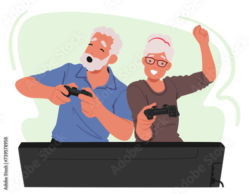 Senior Couple Joyfully Engaged In Video Gaming, Display Teamwork And Laughter In Their Living Room With Controllers