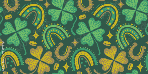 Vector funny seamless pattern for Patrick's day with lucky clover, money, horseshoe and rainbow.