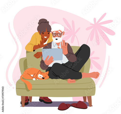 Elderly Couple Connect With Family Through A Tablet, Sharing Smiles And Stories, Bridging Distances With Video Calls