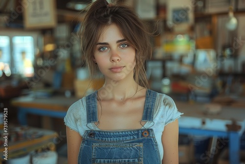 A confident woman in denim overalls gazes directly at the viewer, embodying effortless style and showcasing the power of comfortable yet fashionable clothing