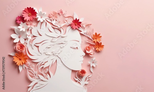 Face and flowers style paper cut with copy space for international women's day © mischenko