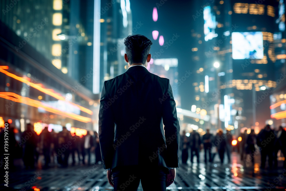 Back view of man on night city. Business and success dream concept. Rear view of a male figure contemplating the nighttime cityscape. Ambition and career advancement concept