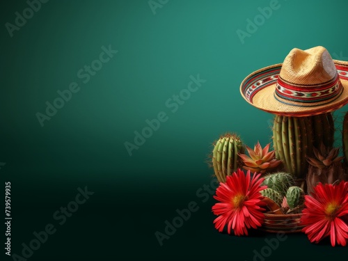 Cactus in sombrero hat for Cinco de Mayo holiday party celebration on bright green background. Fifth of May celebration concept. Mexican background fiesta holiday time. Generative ai